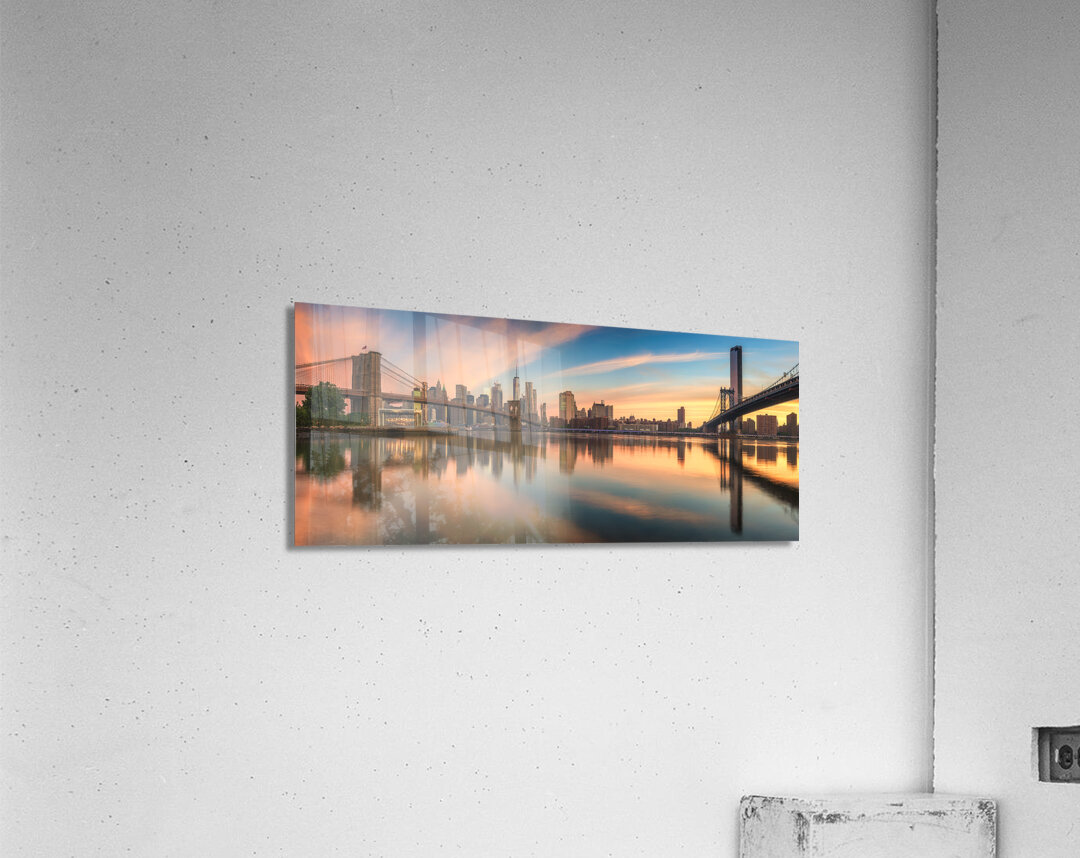 NYC Skyline at Dawn | Brooklyn and Manhattan Bridges Reflected Acrylic Print