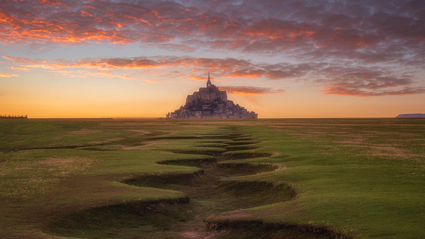 Mont Saint Michel France | Dramatic Sunset and Scenic Waterways Print