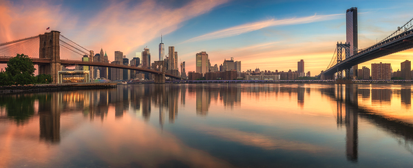 NYC Skyline at Dawn | Brooklyn and Manhattan Bridges Reflected Print